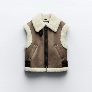 ZARA BROWN DOUBLE-FACED FAUX SHEARLING FUR GILET WAISTCOAT AVIATOR JACKET COAT